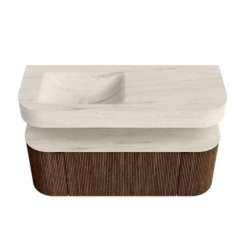 MONDIAZ THOR-DLUX Meuble de salle de bains 120cm arrondi gauche + droite couleur Walnut avec 1 tiroir et 2 portes. Vasque suspendue CLOUD Gauche sans trou de robinet couleur Meli. SW1463335