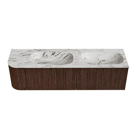 MONDIAZ KURVE-DLUX meuble de salle de bains 165 cm avec module 25 L couleur Walnut avec 2 tiroirs et 1 porte. Lavabo STOR SMALL double / droite 2 trous de robinet couleur Glace. SW1138091