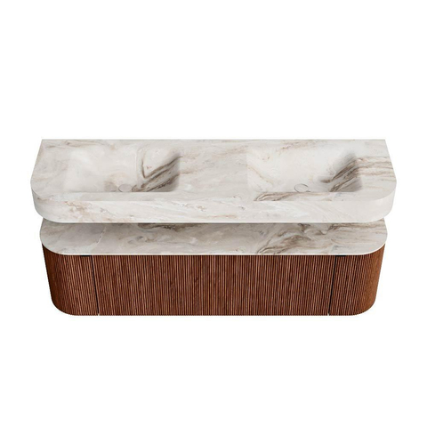 MONDIAZ THOR-DLUX 160cm meuble de salle de bains arrondi gauche + droite couleur Ruby avec 1 tiroir et 2 portes. Vasque suspendue CLOUD Double sans trou de robinet couleur Frappe. SW1465283