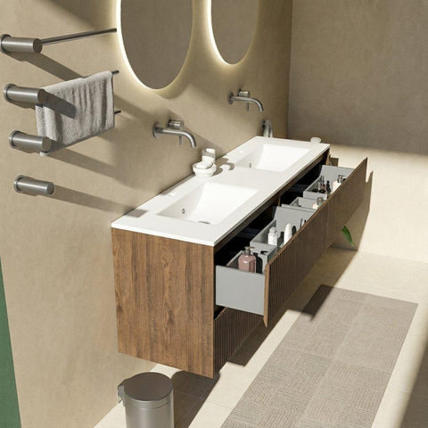 Saniclass Holz Atelier Ensemble de meubles de salle de bains - 160x45x62cm - Lavabo Vygo en céramique blanc - 2 vasques - sans trous de robinetterie - 4 tiroirs - chêne charcoal mat (bois) SW1478927