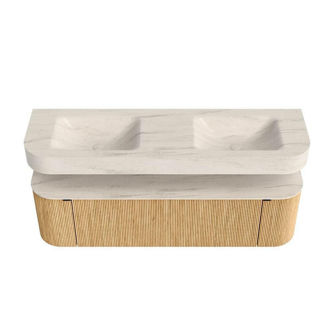 MONDIAZ THOR-DLUX 160cm meuble de salle de bains arrondi gauche + droite couleur Oak avec 1 tiroir et 2 portes. Vasque suspendue CLOUD Double sans trou de robinet couleur Meli. SW1465167