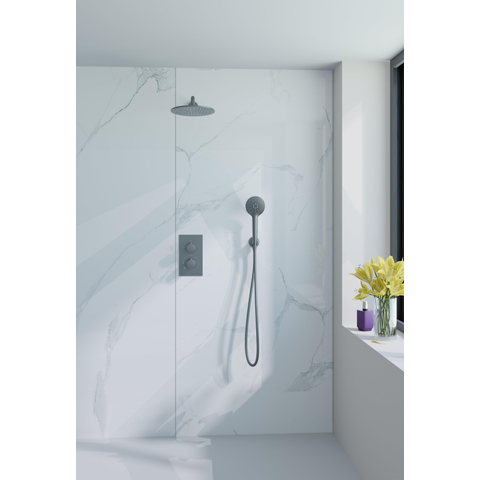 Fortifura Calvi Inbouw Regendoucheset - thermostatisch - wandarm - 25cm - hoofddouche - ronde handdouche - gladde doucheslang - PVD - geborsteld gunmetal (antraciet) SW1233151