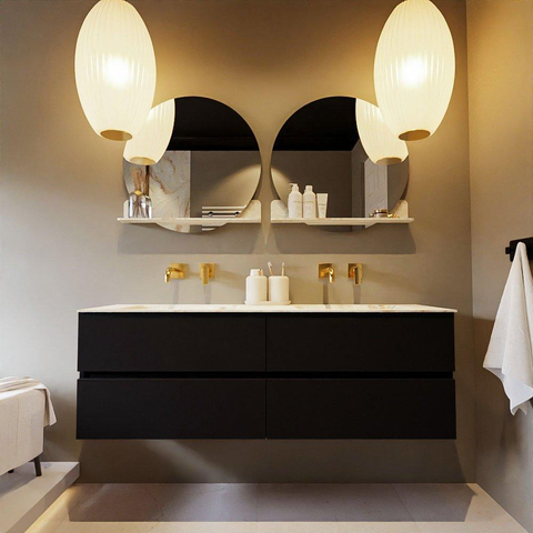 MONDIAZ VICA-DLUX Ensemble meuble de salle de bains - 150cm - meuble bas Urban - 4 tiroirs - vasque encastrée Cloud double - sans trous de robinet - version haute 60cm - Frappe SW1088693