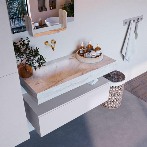 Mondiaz ALAN-DLUX Ensemble de meuble - 100cm - meuble Cale mat - 1 tiroir - Lavabo Cloud Frappe suspendu - vasque Gauche - 0 trous de robinet SW805372