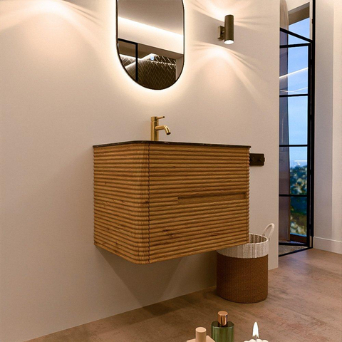 Mondiaz CIRO-DLUX Badkamermeubelset - 70x45x50cm - Solid surface wastafel Lava - 1 wasbak Midden - 1 kraangat - 2 lades - Oak SW1530972