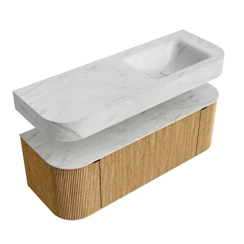 MONDIAZ THOR-DLUX 130cm meuble de salle de bains arrondi gauche + droite couleur Oak avec 1 tiroir et 2 portes. Vasque suspendue CLOUD Droite 1 trou de robinet couleur Opalo. SW1463576