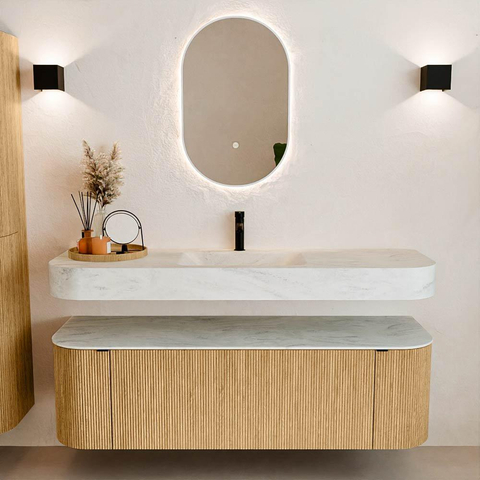 MONDIAZ THOR-DLUX 150cm badmeubel ronding links + rechts kleur Oak met 1 lade en 2 deuren. Vrijhangende wastafel CLOUD Midden 1 kraangat kleur Opalo. SW1464619