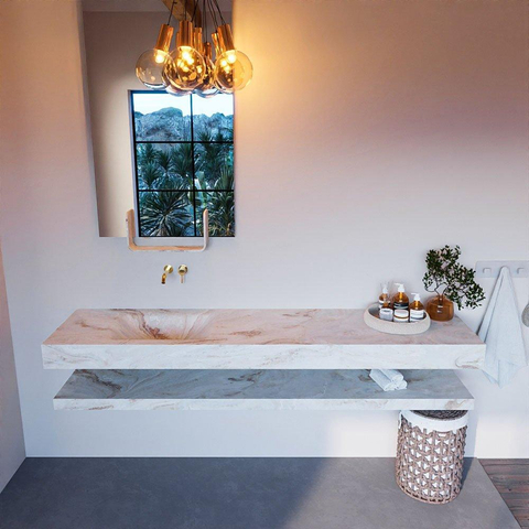 Mondiaz ALAN-DLUX Ensemble de meuble - 200cm - meuble Frappe mat - 0 tiroirs - Lavabo Cloud Frappe suspendu - vasque Gauche - 0 trous de robinet SW809101