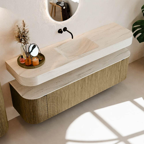 MONDIAZ THOR-DLUX Meuble de salle de bains 170cm arrondi gauche + droite couleur Dusk avec 1 tiroir et 2 portes. Vasque suspendue CLOUD Milieu sans trou de robinet couleur Meli. SW1465752