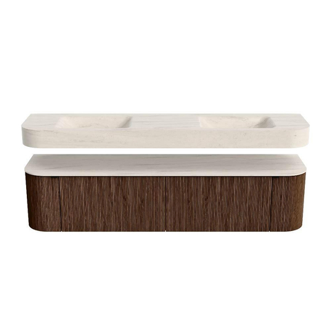 MONDIAZ THOR-DLUX 190cm meuble de salle de bains arrondi gauche + droite couleur Walnut avec 2 tiroirs et 2 portes. Vasque suspendue CLOUD Double sans trou de robinet couleur Meli. SW1466728
