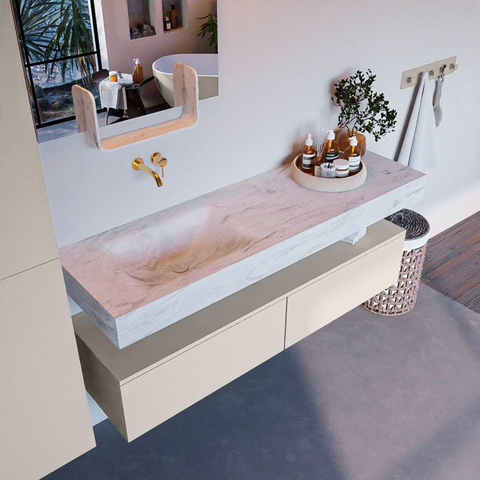 Mondiaz ALAN-DLUX Ensemble de meuble - 150cm - meuble Linen mat - 2 tiroirs - Lavabo Cloud Opalo suspendu - vasque Gauche - 0 trous de robinet SW806805