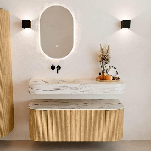 MONDIAZ THOR-DLUX 120cm meuble de salle de bains arrondi gauche + droite couleur Oak avec 1 tiroir et 2 portes. Vasque suspendue CLOUD Gauche sans trou de robinet couleur Nata. SW1463322