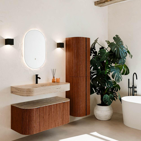 MONDIAZ THOR-DLUX 100cm meuble de salle de bains arrondi gauche + droite couleur Ruby avec 1 tiroir et 2 portes. Vasque suspendue CLOUD Milieu 1 trou de robinet couleur Arena. SW1467459