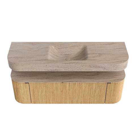MONDIAZ THOR-DLUX 150cm meuble de salle de bains arrondi gauche + droite couleur Oak avec 1 tiroir et 2 portes. Vasque suspendue CLOUD Milieu 1 trou de robinet couleur Saba. SW1464875
