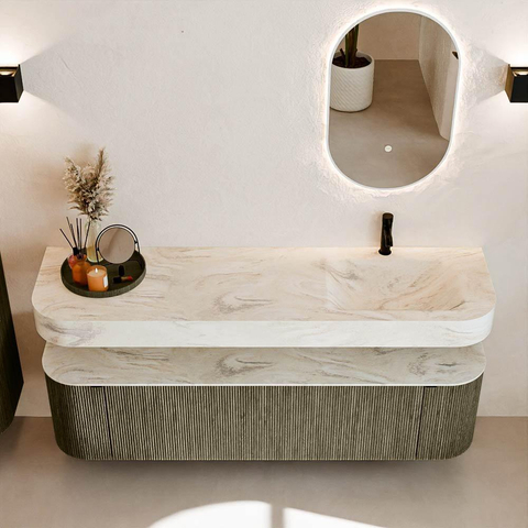 MONDIAZ THOR-DLUX Meuble de salle de bains 170cm arrondi gauche + droite couleur Shadow avec 1 tiroir et 2 portes. Vasque suspendue CLOUD Droite 1 trou de robinet couleur Ostra. SW1465541