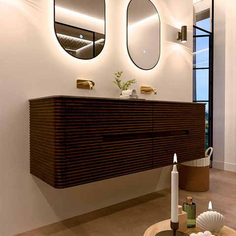 Mondiaz CIRO-DLUX Meuble de salle de bains - 150x45x50cm - plan-vasque Solid Surface Oza - 2 bacs Double - sans trous de robinetterie - 4 tiroirs - Noyer SW1530662