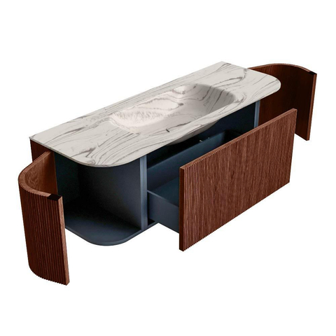 MONDIAZ KURVE-DLUX 130cm badmeubel ronding Links + Rechts kleur Ruby met 1 lade en 2 deuren. Wastafel BIG SMALL Midden zonder kraangat Nata. SW1432546