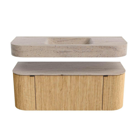 MONDIAZ THOR-DLUX 120cm badmeubel ronding links + rechts kleur Oak met 1 lade en 2 deuren. Vrijhangende wastafel CLOUD Midden zonder kraangat kleur Saba. SW1463439