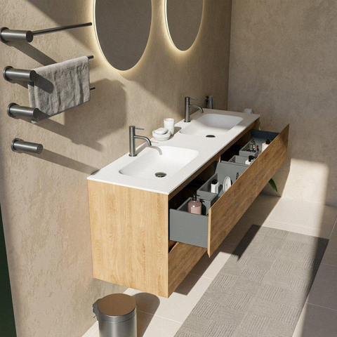 Saniclass Holz Pure Badkamermeubelset - 160x45x61.5cm - Flow solid surface wastafel wit - 2 wasbakken - 2 kraangaten - 4 lades - mat eiken natural (hout) SW1478460