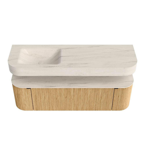 MONDIAZ THOR-DLUX 150cm meuble de salle de bains arrondi gauche + droite couleur Chêne avec 1 tiroir et 2 portes. Vasque suspendue CLOUD Gauche sans trou de robinet couleur Meli. SW1464750