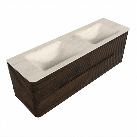 Mondiaz CIRO-DLUX Meuble de salle de bains - 150x45x50cm - Plan vasque solid surface Meli - 2 vasques Double - 2 trous de robinetterie - 4 tiroirs - Noyer SW1530516