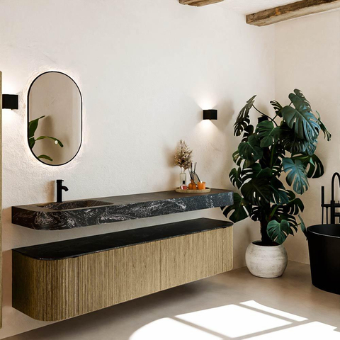 MONDIAZ THOR-DLUX 200cm meuble de salle de bains arrondi gauche + droite couleur Dusk avec 2 tiroirs et 2 portes. Vasque suspendue CLOUD Gauche 1 trou de robinet couleur Lava. SW1466845