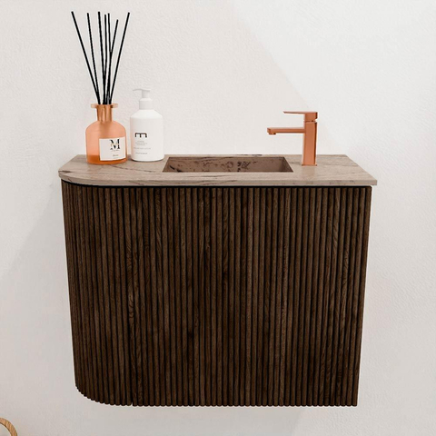 Mondiaz JOYA-DLUX 51.6cm toiletmeubel - ronding links kleur Walnut - Wastafel FAYE positie Rechts 1 kraangat kleur Arena. SW1424345