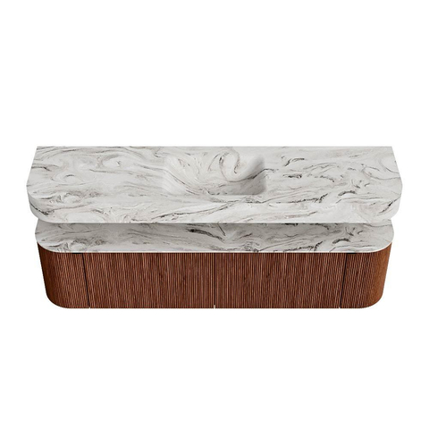 MONDIAZ THOR-DLUX 180cm meuble de salle de bains arrondi gauche + droite couleur Ruby avec 2 tiroirs et 2 portes. Vasque suspendue CLOUD Milieu 1 trou de robinet couleur Glace. SW1466043