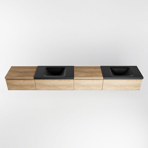 MONDIAZ BUKLA 280cm ensemble de meuble avec module 60 à droite couleur Chêne blanchi avec 4 tiroirs. Lavabo CLOUD double 2 trous de robinet couleur Urbaine. SW1382324