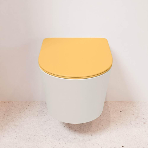 Mondiaz LAVIE hangtoilet – spoelrandloos – 36 x 53 cm – met softclose zitting – Linen (offwhite), zitting Ocher (geel) SW1208666