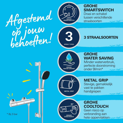 GROHE Precision Trend Ensemble de douche - robinet de douche thermostatique - avec ensemble barre de douche - 60cm - douchette à main carrée - 1 type de jet - flexible de douche lisse - chrome SW1028103