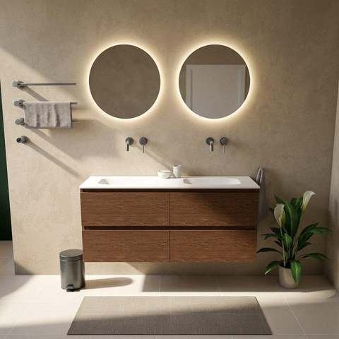 Saniclass Holz Pure Ensemble de meubles de salle de bains - 140x45x61.5cm - Flow lavabo en solid surface blanc - 2 vasques - sans trous de robinetterie - 4 tiroirs - noyer pure mat (bois) SW1478436