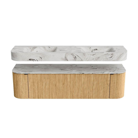 MONDIAZ THOR-DLUX Meuble de salle de bains - 170cm - arrondi gauche + droite - couleur Oak - 1 tiroir - 2 portes - Vasque suspendue CLOUD Double sans trou de robinet - couleur Glace SW1465430