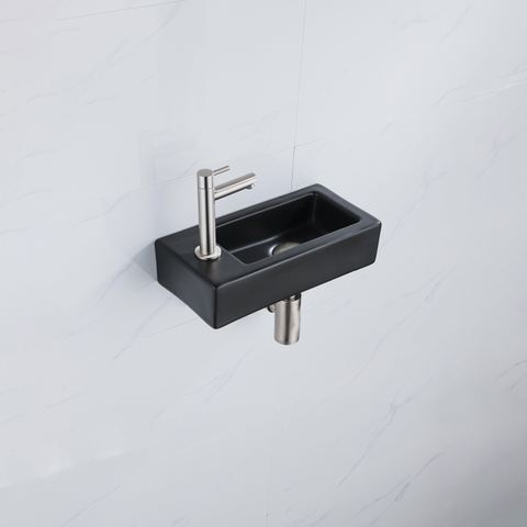 QeramiQ Fuente pack lave-mains – 37,5 x 18,5 x 9 cm – céramique noir mat – perçage à gauche – robinet inox brossé SW1232747