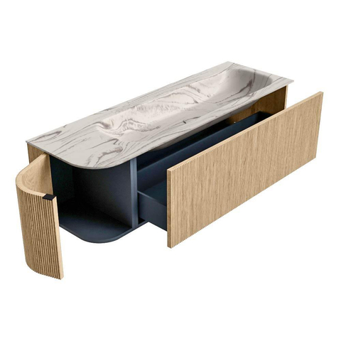 MONDIAZ KURVE-DLUX 145cm badmeubel ronding Links kleur Oak met 1 lade en 1 deur. Wastafel BIG LARGE Rechts 1 kraangat Nata. SW1432120
