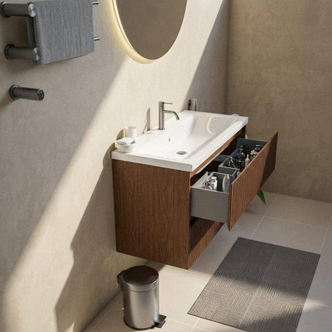 Saniclass Holz Atelier Ensemble de meubles de salle de bains - 100x45x63.5cm - Lavabo Bari en céramique blanc - 1 vasque - 1 trou de robinet - 2 tiroirs - walnut pure mat (bois) SW1479079