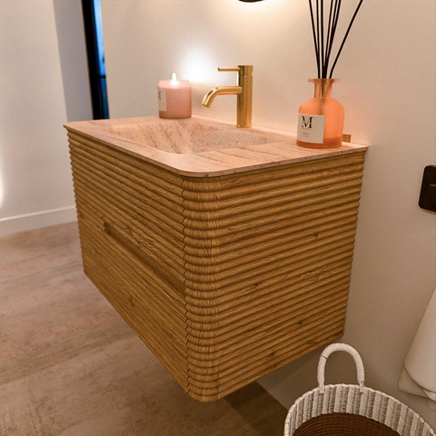 Mondiaz CIRO-DLUX Badkamermeubelset - 80x45x50cm - Solid surface wastafel Saba - 1 wasbak Midden - 1 kraangat - 2 lades - Oak SW1531155