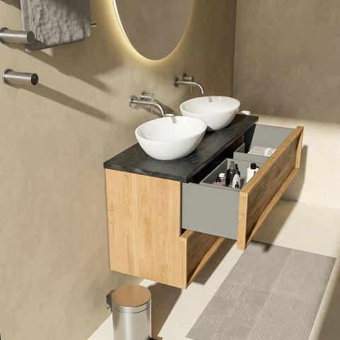 Saniclass Holz Frame Ensemble meuble de salle de bains - 120x45x63cm - Vasque en basalte Noche polie - 1 vasque - sans trou de robinetterie - 2 tiroirs - chêne natural mat (bois) SW1579910