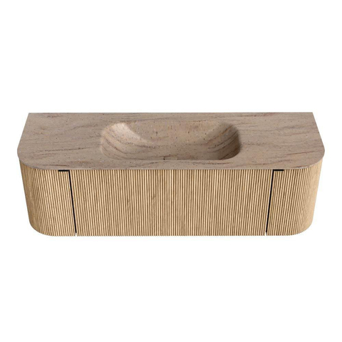 MONDIAZ KURVE-DLUX 140cm badmeubel ronding Links + Rechts kleur Oak met 1 lade en 2 deuren. Wastafel BIG SMALL Midden 1 kraangat Saba. SW1433068