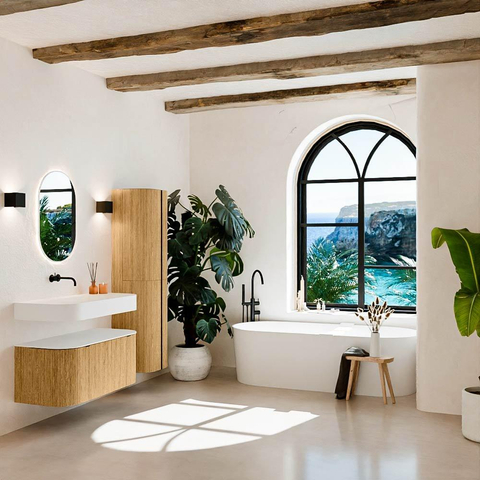 MONDIAZ THOR Meuble de salle de bains 100cm arrondi gauche + droite couleur Oak avec 1 tiroir et 2 portes. Vasque suspendue CLOUD Milieu sans trou de robinet couleur Talc. SW1467296