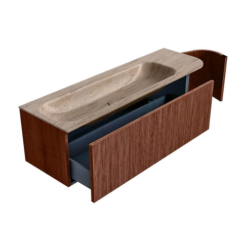 MONDIAZ KURVE-DLUX Meuble de salle de bains 145cm arrondi Droite couleur Ruby avec 1 tiroir et 1 porte. Lavabo BIG LARGE Gauche 2 trous de robinet Saba. SW1433488