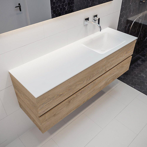 ENSEMBLE DE MEUBLE MONDIAZ VICA - 150 cm - 2 tiroirs - lavabo Cloud à droite - 0 trous de robinet - solid surface chêne blanchi SW409940