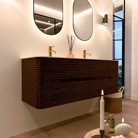 Mondiaz CIRO-DLUX Badkamermeubelset - 140x45x50cm - Solid surface wastafel Ostra - 2 wasbak Dubbel - 2 kraangaten - 4 lades - Walnut SW1530372