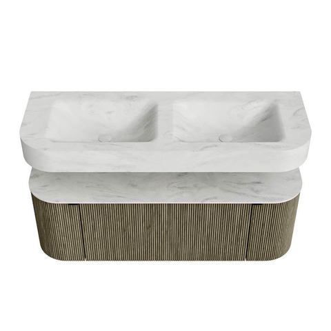 MONDIAZ THOR-DLUX Meuble de salle de bains 130cm arrondi gauche + droite couleur Shadow avec 1 tiroir et 2 portes. Vasque suspendue CLOUD Double 2 trous de robinet couleur Opalo. SW1463749