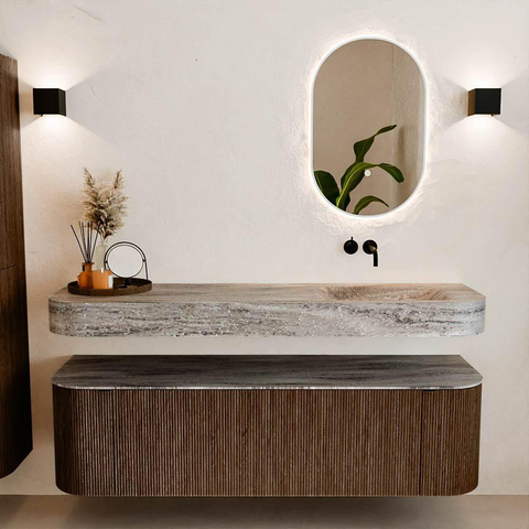 MONDIAZ THOR-DLUX 160cm meuble de salle de bains arrondi gauche + droite couleur Walnut avec 1 tiroir et 2 portes. Vasque suspendue CLOUD droite sans trou de robinet couleur Oza. SW1465291