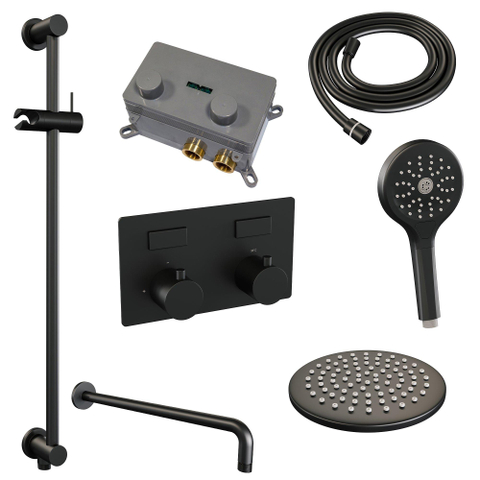 BRAUER Black Edition Douche de tête thermostatique encastrée - boutons-poussoirs - SET 69 - pomme de douche 20 cm - bras mural courbé - douchette 3 jets - flexible de douche - barre de douche intégrée - noir mat SW925434