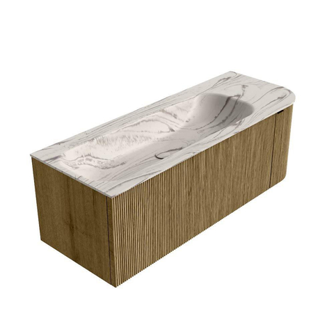 MONDIAZ KURVE-DLUX meuble de salle de bains 125 cm arrondi à droite couleur Dusk avec 1 tiroir et 1 porte. Lavabo BIG MEDIUM à gauche 1 trou de robinet Nata. SW1432397