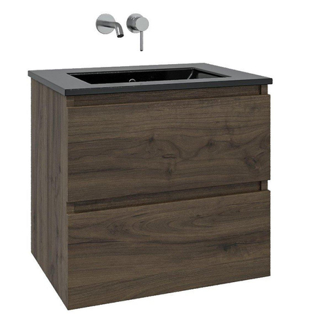 Saniclass Chaci Meuble de salle de bain - 60x45x55cm - lavabo en céramique noir mat - 1 vasque - sans trou de robinet - 2 tiroirs - noyer SW791726