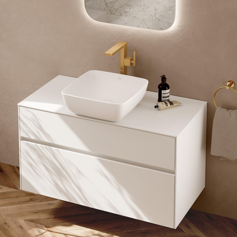Villeroy & Boch Artis opzetwastafel vierkant - 41x41x12.5cm CeramicPlus - zonder kraangat - zonder overloop - Stone White (mat wit) SW209531