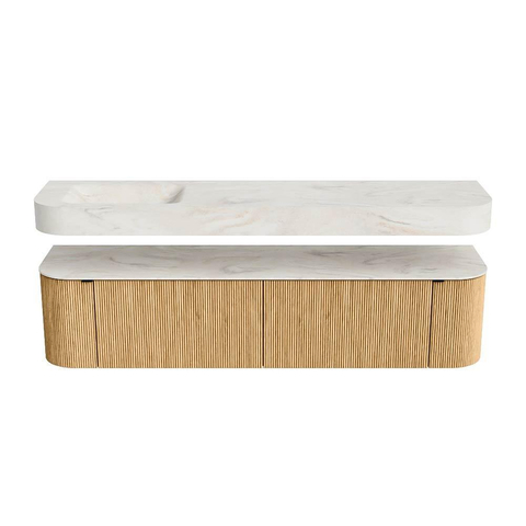MONDIAZ THOR-DLUX Meuble de salle de bains 190cm arrondi gauche + droite couleur Oak avec 2 tiroirs et 2 portes. Vasque suspendue CLOUD Gauche sans trou de robinet couleur Ostra. SW1466379